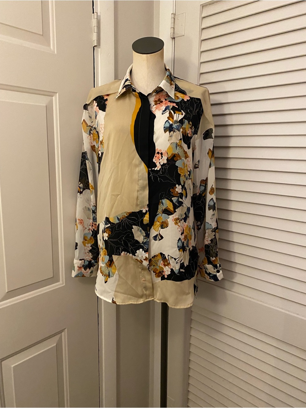 3.1 Phillip Lim Cream, Black & Mustard Floral Print Button-Up- Size L